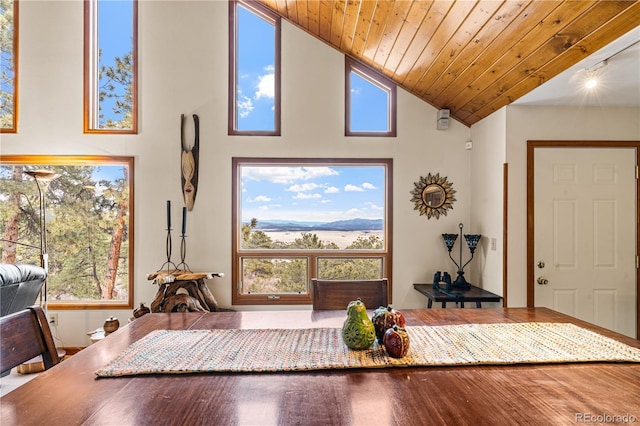 dining space featuring wood ceiling and high vaulted ceiling