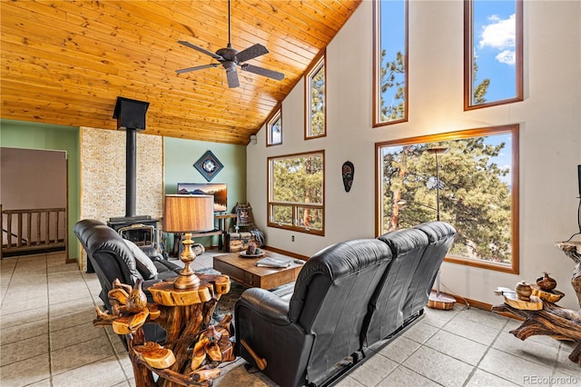 living room with ceiling fan, high vaulted ceiling, wood ceiling, baseboards, and a wood stove