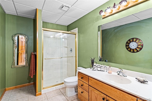 full bath with a paneled ceiling, visible vents, toilet, a shower stall, and tile patterned floors