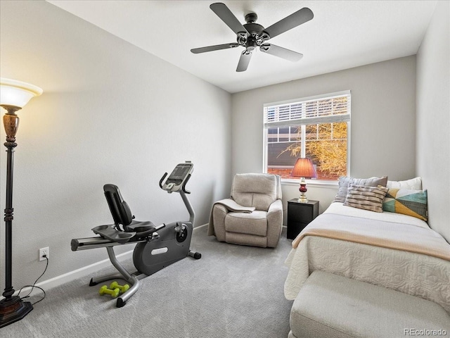 bedroom featuring carpet floors, ceiling fan, and baseboards