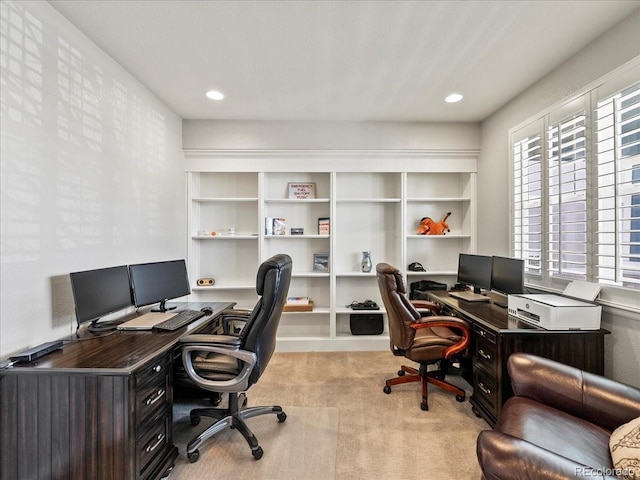 carpeted office space featuring recessed lighting