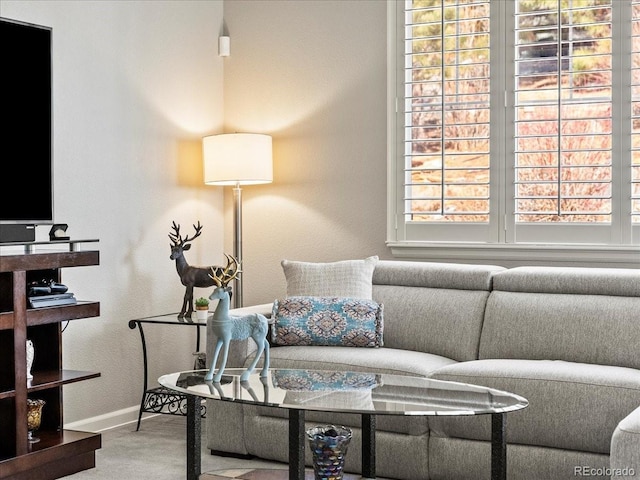 living area featuring carpet and baseboards