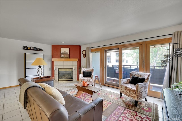 tiled living room with a tiled fireplace