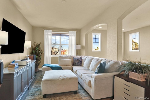 living room featuring arched walkways