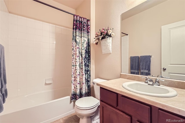 15362 W 66th Ave Unit D, Arvada, CO 80007 - bathroom with vanity, toilet, shower / tub combo with curtain, and a textured wall