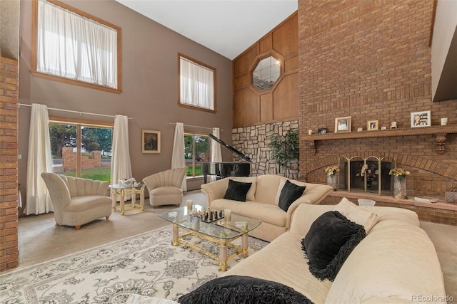 11485 Pecos St, Denver, CO 80234 - living room featuring a high ceiling, healthy amount of natural light, and a fireplace