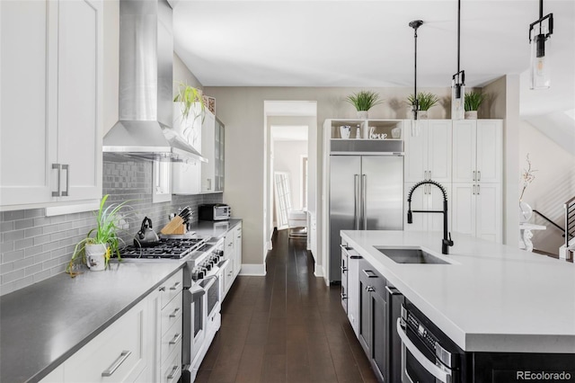 3255 S Birch St, Denver, CO 80222 - kitchen featuring premium appliances, wall chimney range hood, white cabinetry, tasteful backsplash, and open shelves