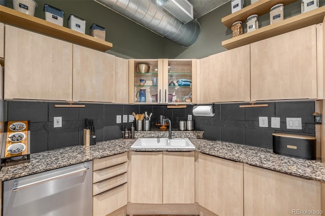 1499 Blake St Unit 4F, Denver, CO 80202 - kitchen featuring open shelves, light brown cabinetry, dishwasher, and a sink