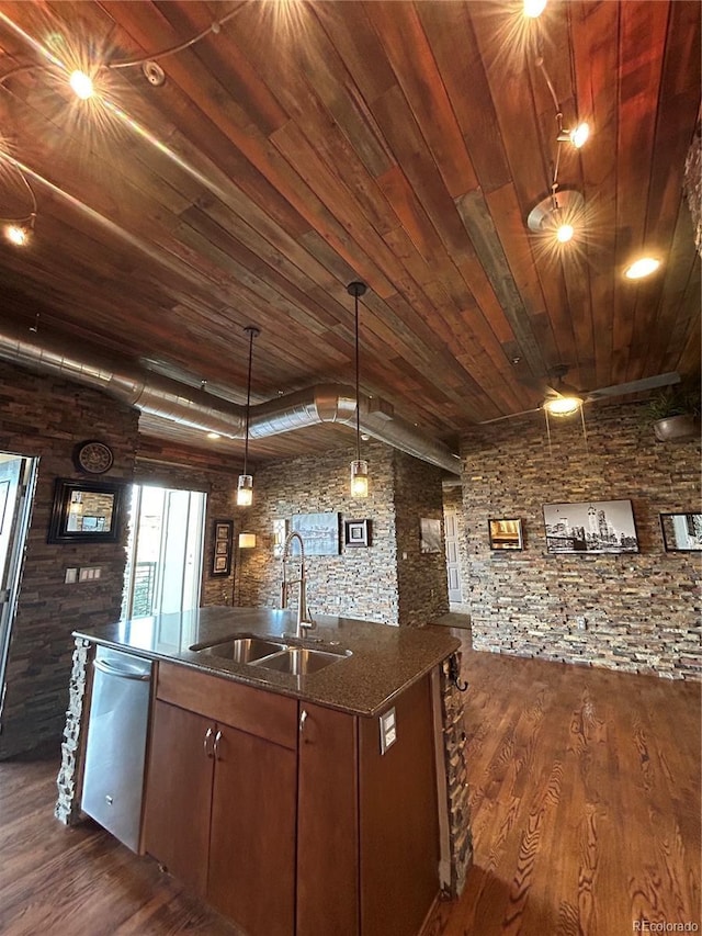 kitchen featuring sink, wood ceiling, dark wood-type flooring, decorative light fixtures, and stainless steel dishwasher