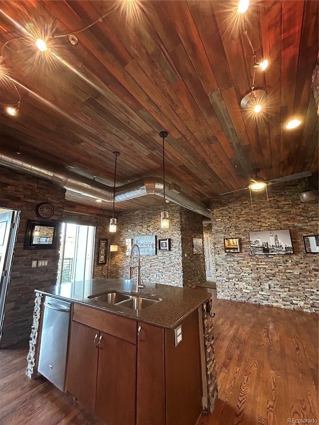 kitchen with dark hardwood / wood-style floors, pendant lighting, dishwasher, sink, and wood ceiling