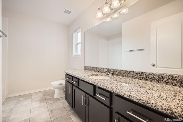 bathroom featuring baseboards, visible vents, toilet, tile patterned flooring, and vanity