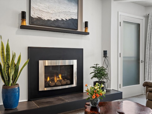 interior details with a glass covered fireplace and baseboards