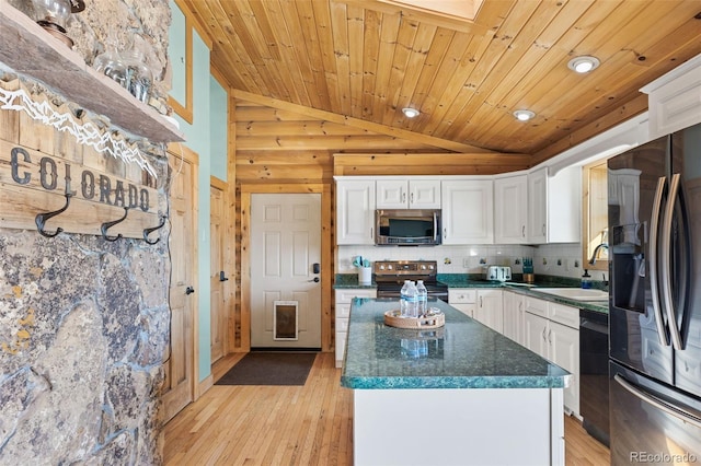 kitchen with sink, backsplash, white cabinets, wooden ceiling, and stainless steel appliances