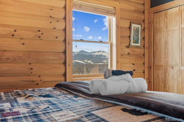 bedroom with a mountain view, a closet, and rustic walls