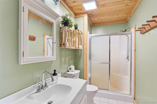 bathroom with an enclosed shower, wood ceiling, tile patterned flooring, vanity, and toilet