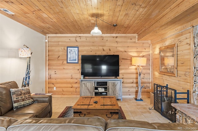 living room featuring wood ceiling, rustic walls, wood walls, and light tile patterned floors