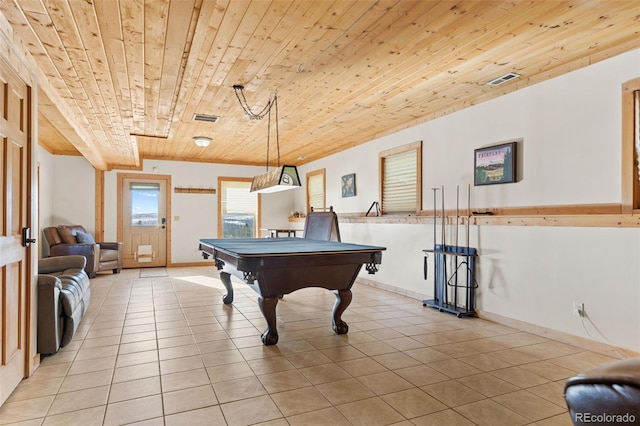 game room featuring wood ceiling, billiards, and light tile patterned flooring