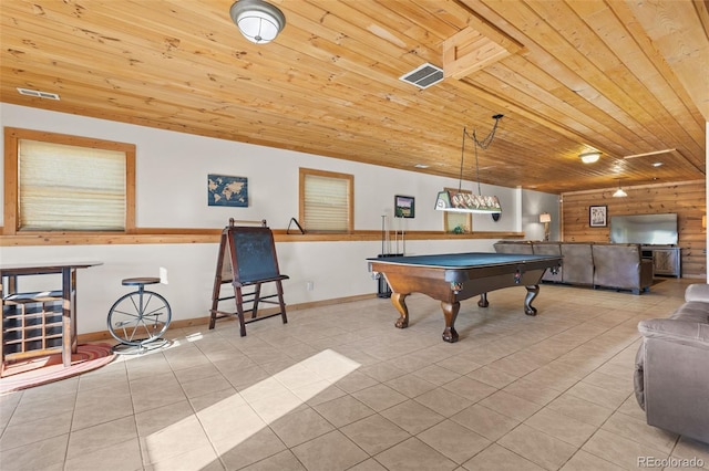 game room with wood ceiling, light tile patterned floors, and pool table