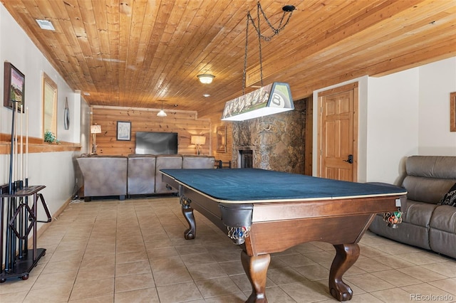 recreation room featuring wooden walls, rustic walls, billiards, and wood ceiling