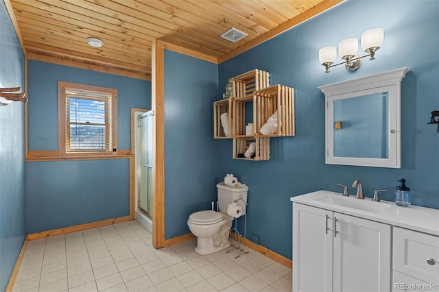 bathroom featuring vanity, toilet, walk in shower, and wooden ceiling