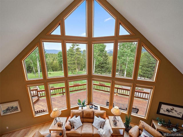 13094 Molly Dr, Conifer, CO 80433 - living room with plenty of natural light, wood finished floors, and high vaulted ceiling