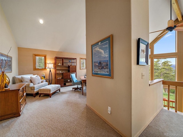 13094 Molly Dr, Conifer, CO 80433 - carpeted living room featuring high vaulted ceiling, healthy amount of natural light, and recessed lighting