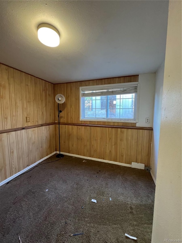 carpeted empty room featuring wooden walls