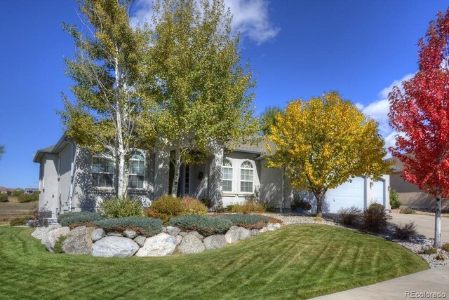 698 Larimer Creek Dr, Monument, CO 80132 - view of front of house featuring a front lawn, stucco siding, and concrete driveway