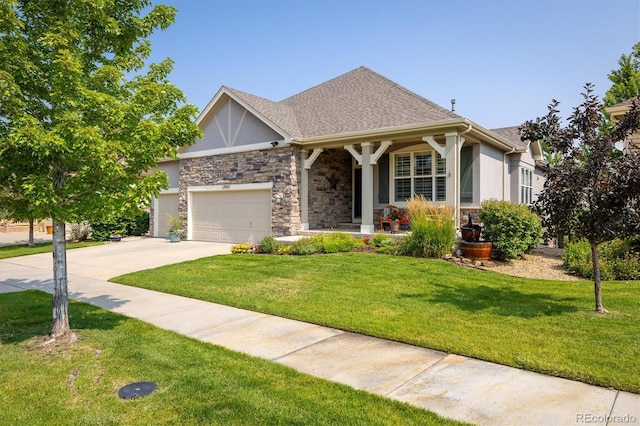 view of front of home featuring stucco siding, a front lawn, stone siding, concrete driveway, and a garage