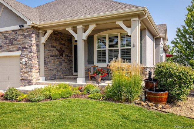 view of exterior entry featuring stucco siding, stone siding, a porch, roof with shingles, and an attached garage