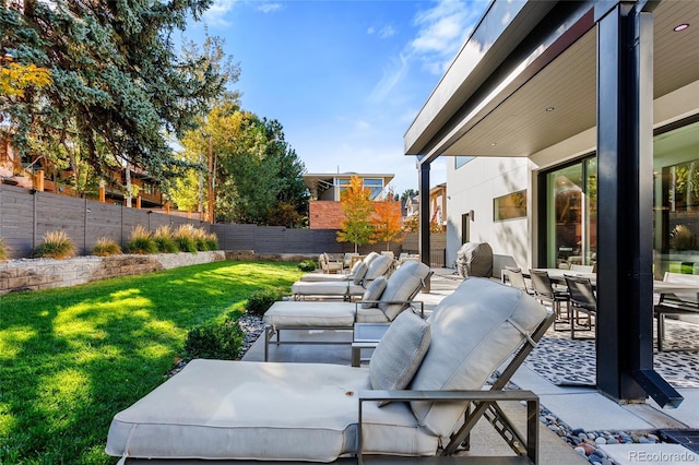 view of patio featuring an outdoor hangout area and a fenced backyard