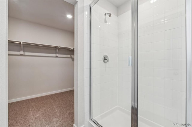 bathroom with a shower with shower door