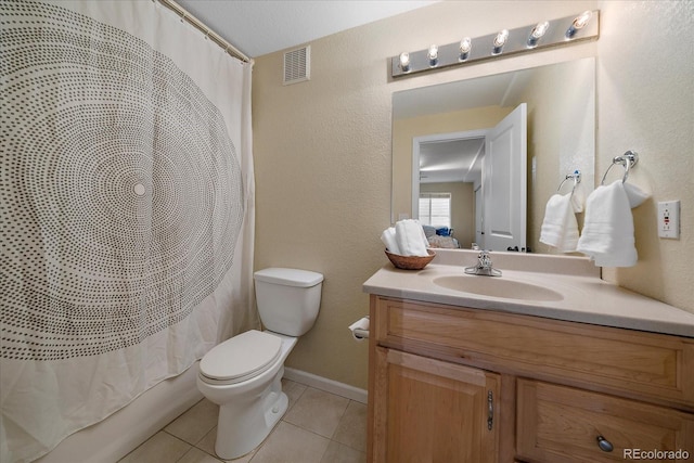 full bathroom with toilet, tile patterned flooring, shower / bathtub combination with curtain, and vanity