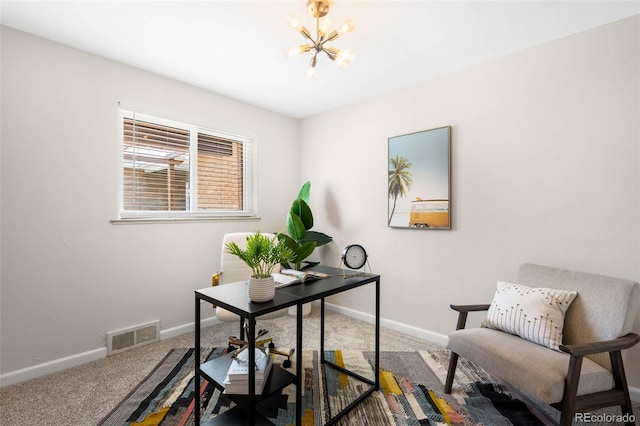 2900 Krameria St, Denver, CO 80207 - carpeted home office featuring a chandelier and baseboards
