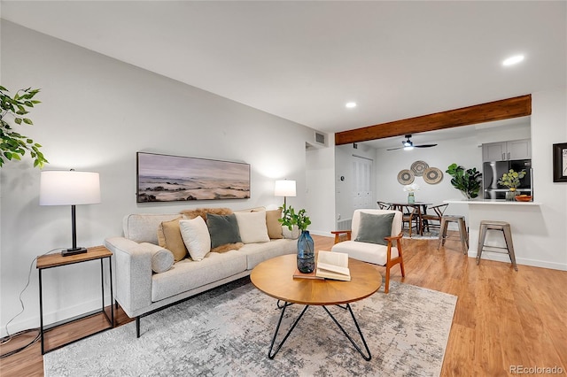 201 Wright St Unit 105, Lakewood, CO 80228 - living room featuring beamed ceiling, light wood-type flooring, baseboards, recessed lighting, and ceiling fan