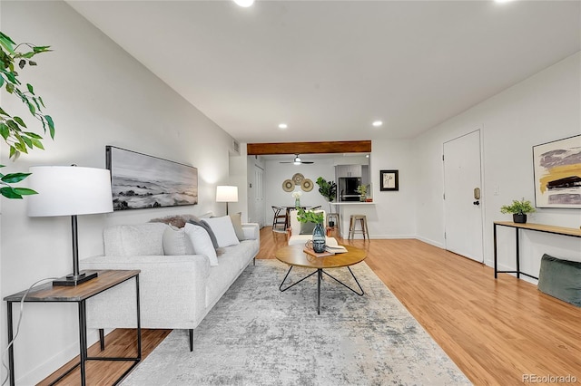 201 Wright St Unit 105, Lakewood, CO 80228 - living area with a ceiling fan, wood finished floors, recessed lighting, and baseboards