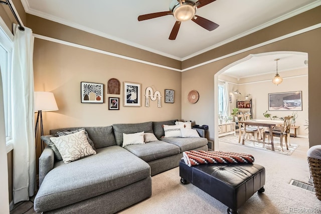 living room with ceiling fan, ornamental molding, and carpet flooring