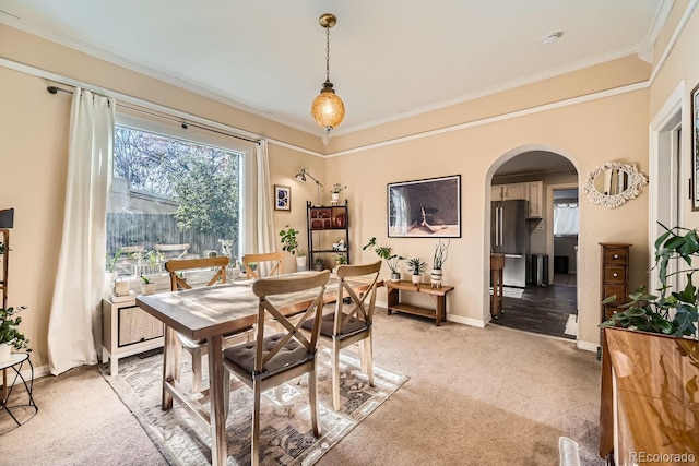 dining area with ornamental molding and carpet floors