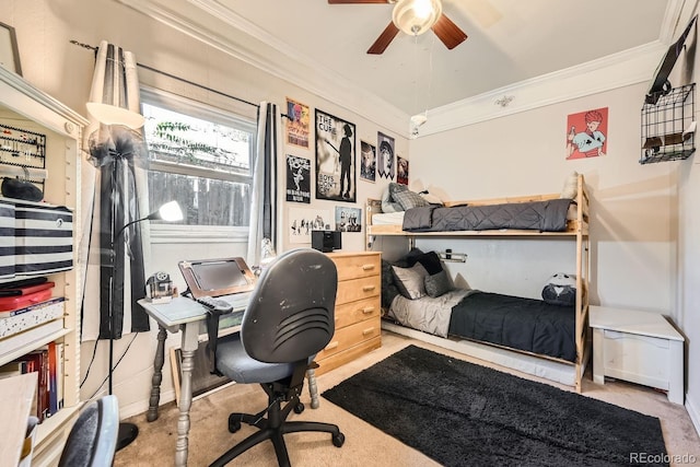 bedroom featuring crown molding and light colored carpet