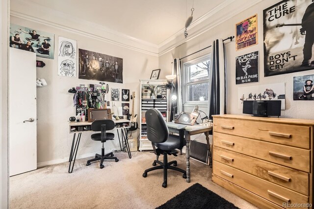 carpeted home office with ornamental molding