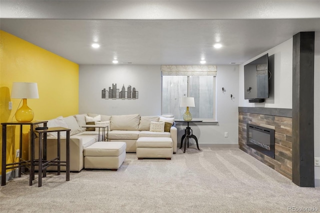 living room featuring light colored carpet