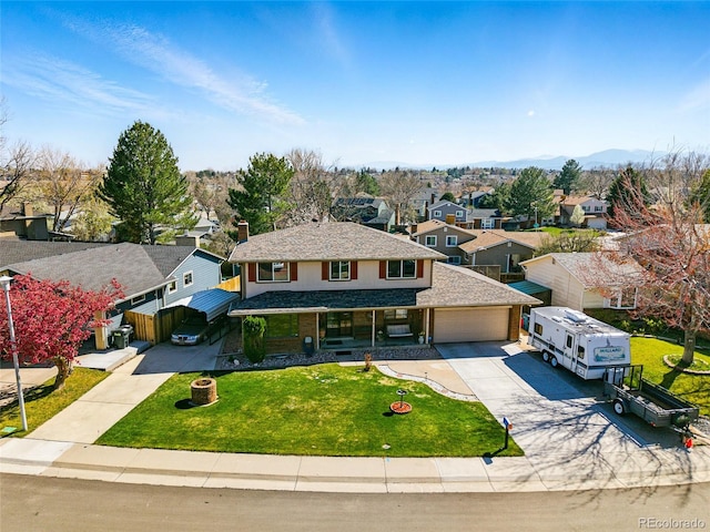 7314 W Walker Pl, Littleton, CO 80123 - view of front of house featuring a residential view, roof with shingles, driveway, an attached garage, and a front lawn