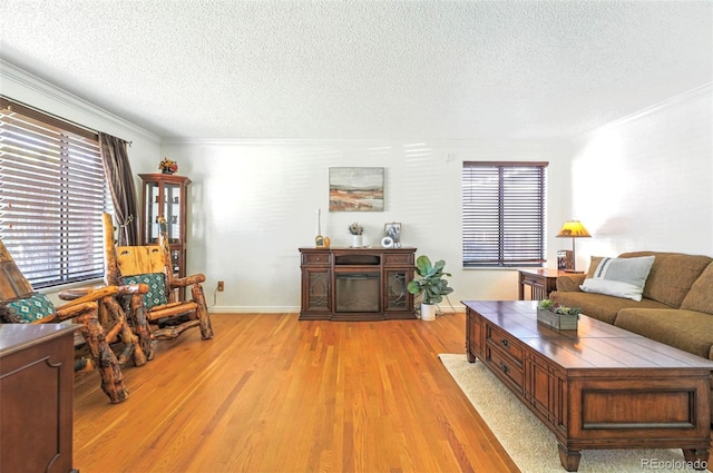 7314 W Walker Pl, Littleton, CO 80123 - living area with light wood finished floors, crown molding, baseboards, a glass covered fireplace, and a textured ceiling