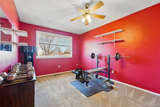 7314 W Walker Pl, Littleton, CO 80123 - exercise room with carpet flooring, visible vents, a textured ceiling, and a ceiling fan