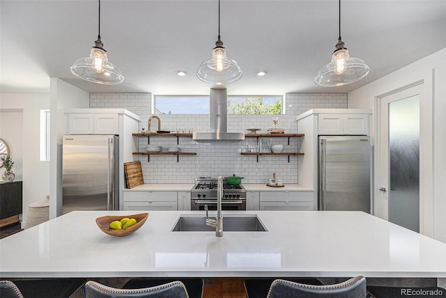 4180 Ames St, Denver, CO 80212 - kitchen featuring open shelves, appliances with stainless steel finishes, island exhaust hood, decorative backsplash, and recessed lighting
