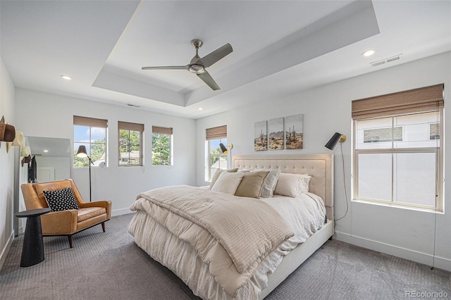 4180 Ames St, Denver, CO 80212 - carpeted bedroom with a raised ceiling, recessed lighting, and ceiling fan