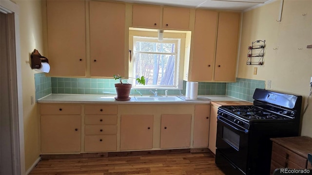 1010 San Juan Ave, Saguache, CO 81149 - kitchen featuring gas stove, light wood-type flooring, light countertops, and backsplash