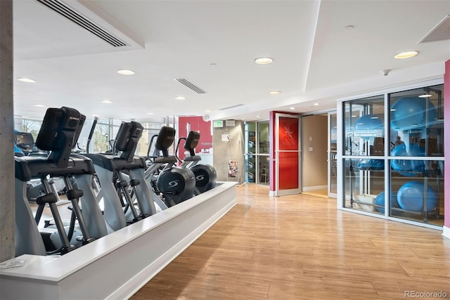 gym featuring hardwood / wood-style floors