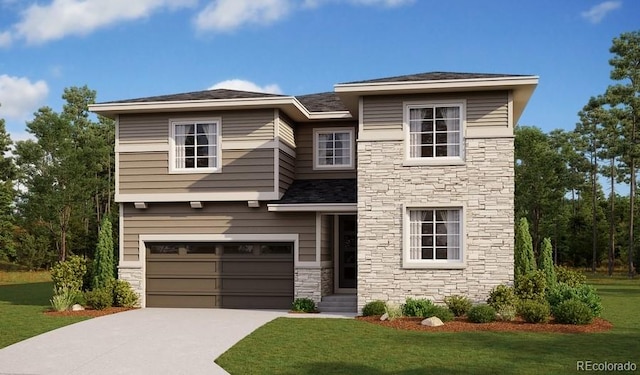 view of front of home with stone siding, an attached garage, concrete driveway, and a front yard