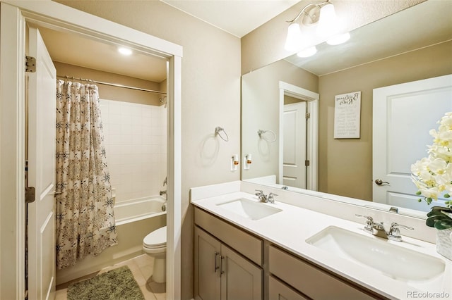 833 Vixen Dr, Fort Collins, CO 80524 - full bathroom featuring toilet, shower / bathtub combination with curtain, tile patterned floors, and vanity